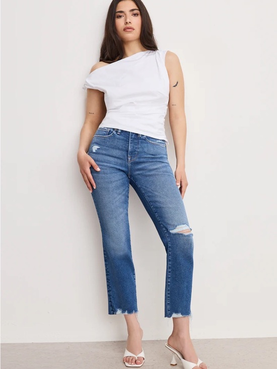 Good American Denim - Good American Distressed Good Leg Straight Raw Hem Mid Rise Stretch Denim NWT